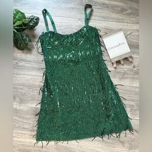 Johnny Wujek Hunter Green Flapper Fringe Glamorous Holiday Dress. Size L. NWT!